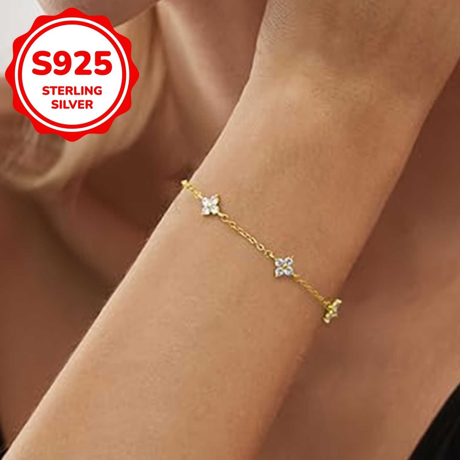 S925 Silver Sparkling Four Leaf Clover Bracelet